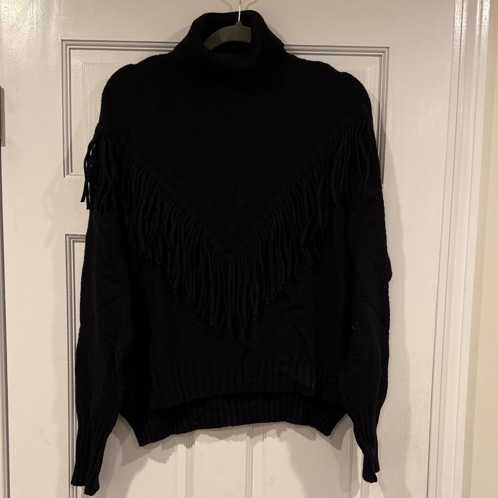 Women’s Black Turtleneck Sweater with Fringe